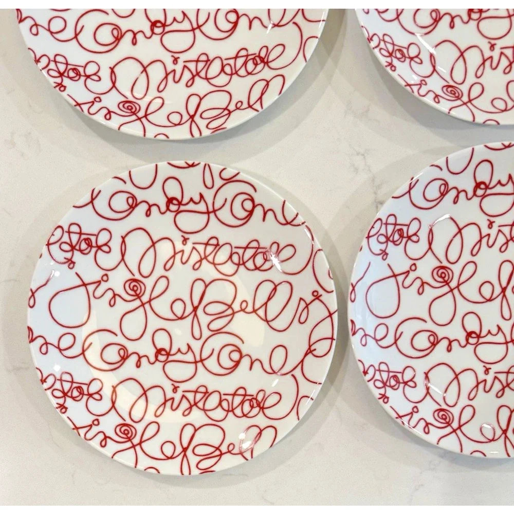 Set of 4 CRATE & BARREL Artwork Script Christmas Holiday Salad Plates 8.5